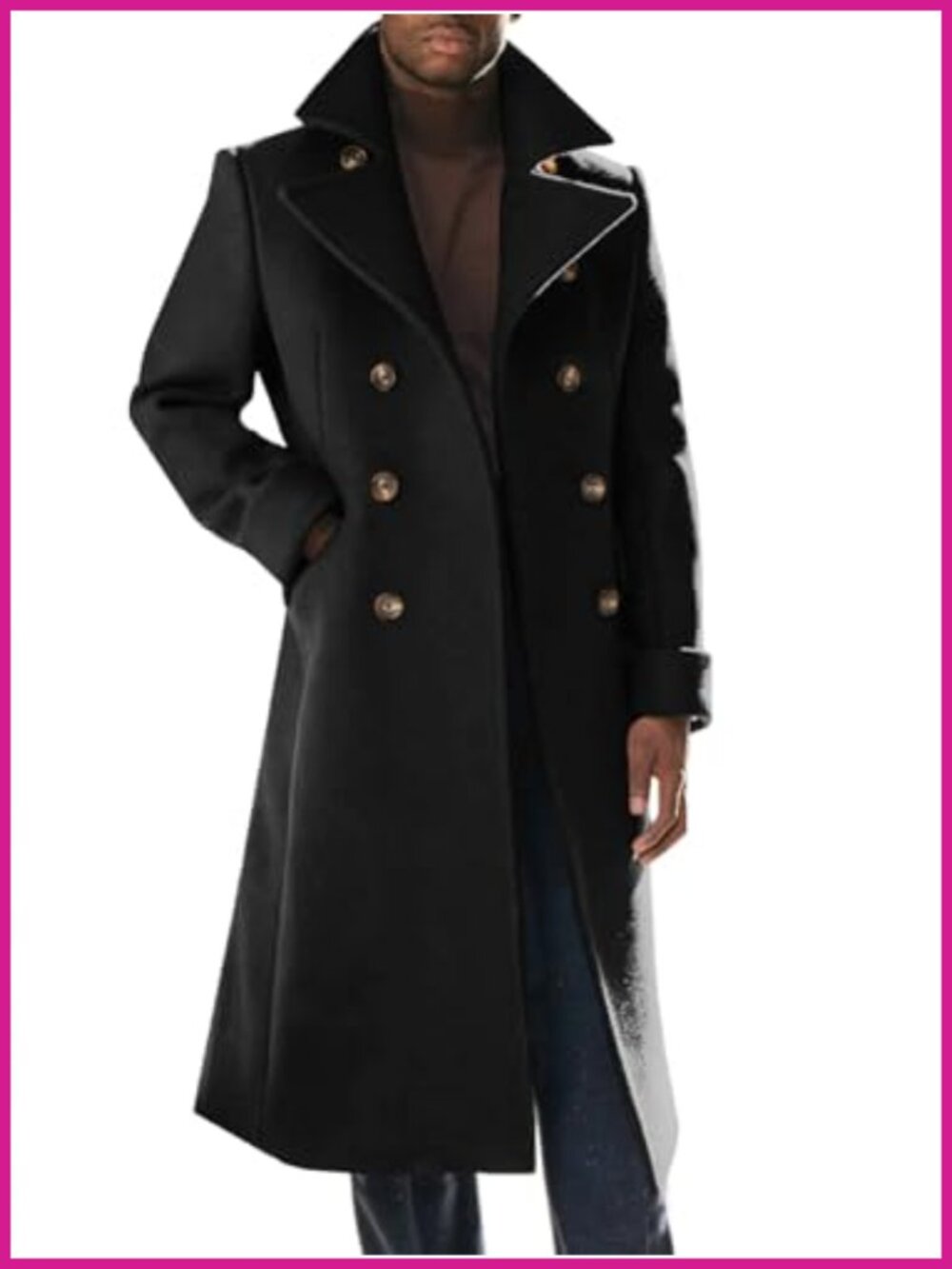 Mens Trench Coat Notch Lapel Slim Fit Double Breasted Long Pea Coat Overcoat